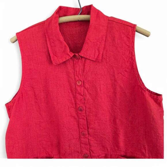 Womens Sleeveless Red Linen Button-Up Tunic Shirt With Pockets - Picture 4 of 8